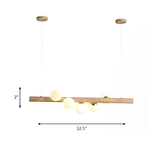 Modern Wood Island Light With Spherical Shade - Opal Glass Ceiling Lamp (5/7 Lights) For Dining Room