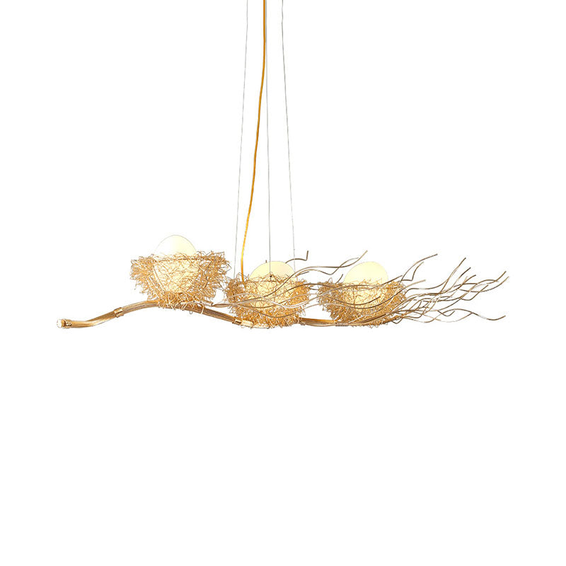 Gold Wire Mesh Bird Nest Chandelier - Modern 3-Light Island Lighting For Restaurants