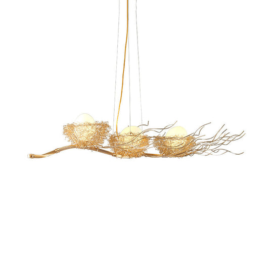 Gold Wire Mesh Bird Nest Chandelier - Modern 3-Light Island Lighting For Restaurants