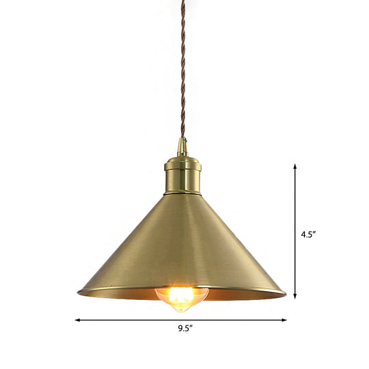 Industrial Cone Metal Hanging Light Fixture with Adjustable Brass Cord - 7"/9.5" W, Ideal for Bedroom Pendant Lighting & 1 Bulb