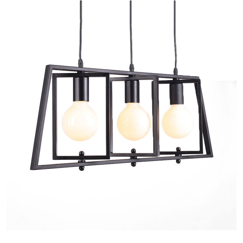 Black Metal 3-Light Chandelier For Dining Room With Exposed Bulbs - Simple Island Lighting