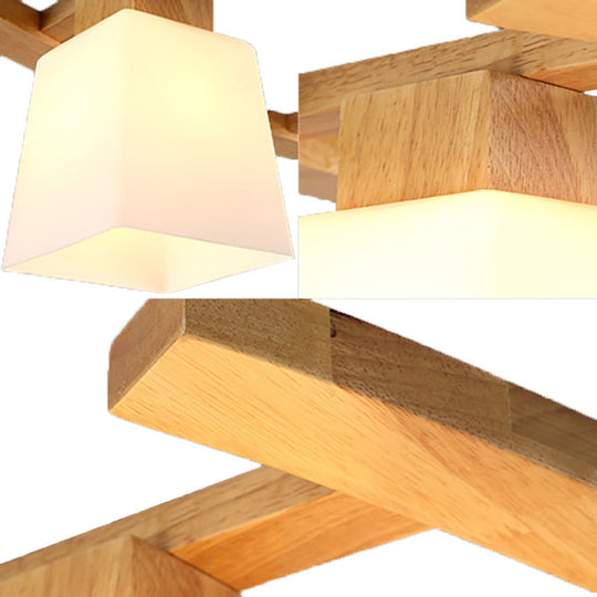 Nordic Hang Lamp: Triple Light Glass & Wood Dining Room Island Lighting With Square Shade