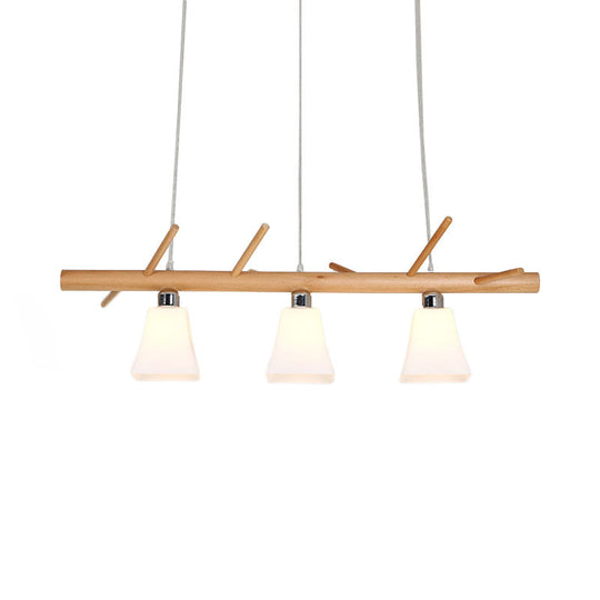 Modern Opal Glass Chandelier With 3-Light Island Lighting In Wood For Dining Room