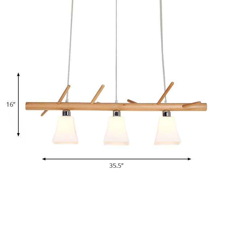 Modern Opal Glass Chandelier With 3-Light Island Lighting In Wood For Dining Room