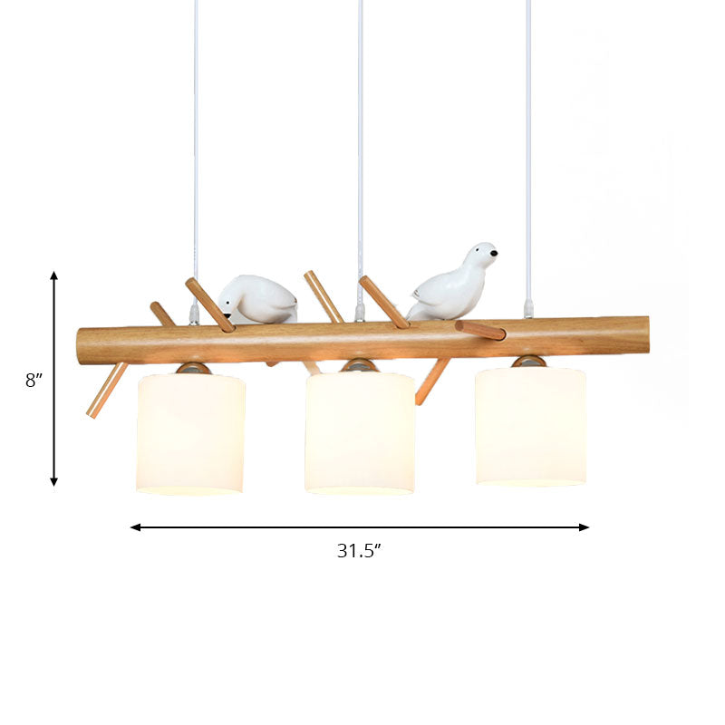 Wooden Hanging Chandelier With 2/3 Lights Glass Cylinder Shade And Bird Décor - Ideal For Dining