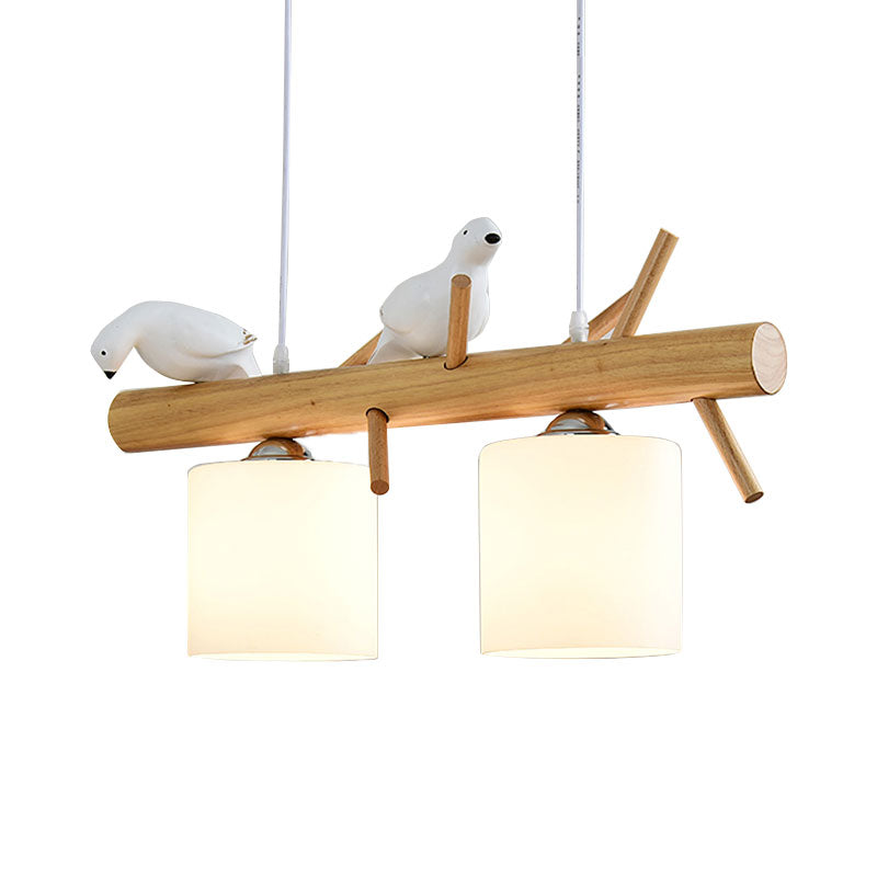 Wooden Hanging Chandelier With 2/3 Lights Glass Cylinder Shade And Bird Décor - Ideal For Dining