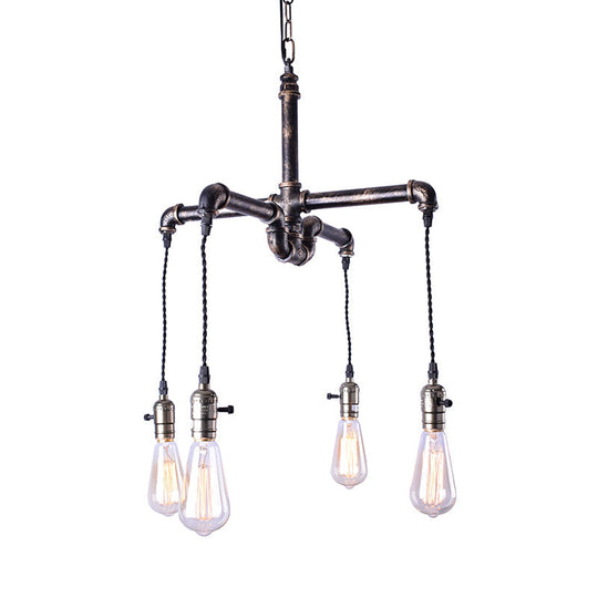 Rustic Water Pipe Ceiling Light with 4 Bulbs - Antique Bronze/Black Wrought Iron Chandelier Lamp