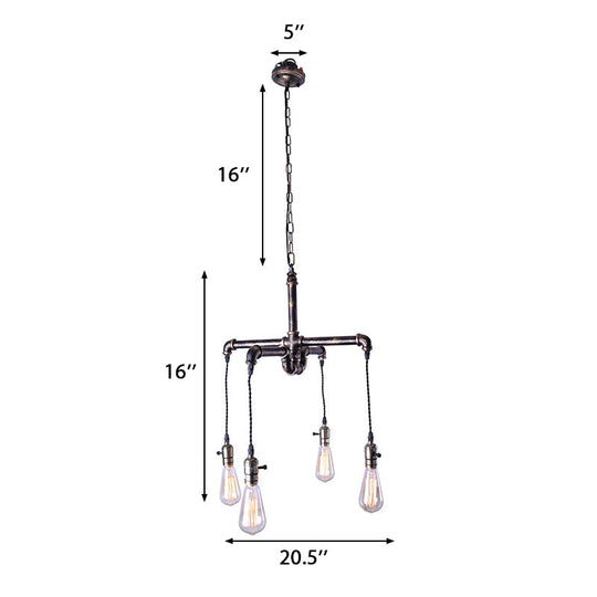 Rustic Water Pipe Ceiling Light: 4-Bulb Antique Bronze And Black Wrought Iron Chandelier