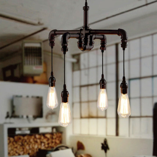 Rustic Water Pipe Ceiling Light with 4 Bulbs - Antique Bronze/Black Wrought Iron Chandelier Lamp