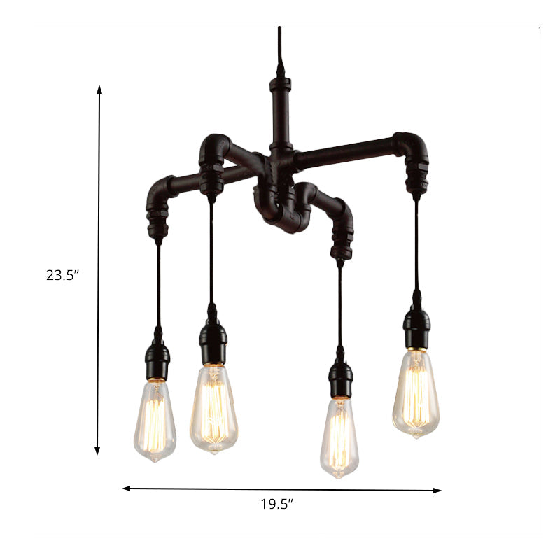 Rustic Water Pipe Ceiling Light: 4-Bulb Antique Bronze And Black Wrought Iron Chandelier