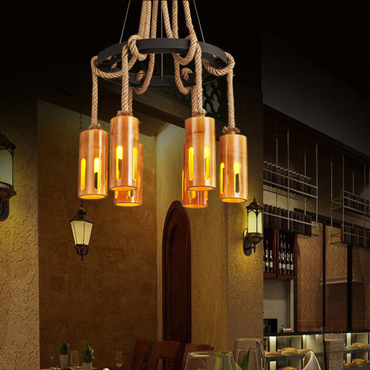 Lodge Style Bamboo Chandelier Pendant Lamp With Multi Lights And Hanging Rope - Stylish Lighting