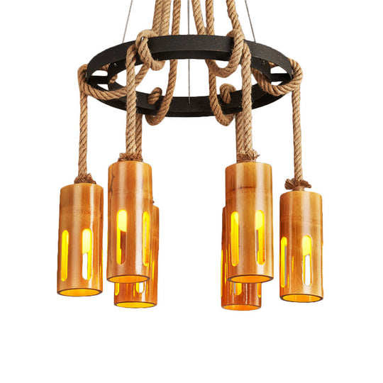 Lodge Style Bamboo Chandelier Pendant Lamp with Multi Lights and Hanging Rope