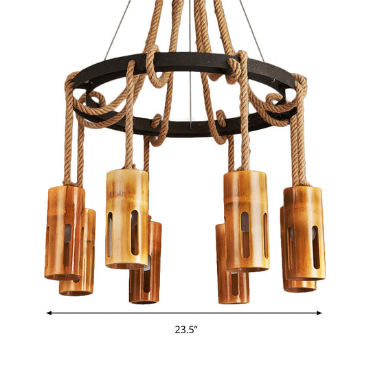 Lodge Style Bamboo Chandelier Pendant Lamp with Multi Lights and Hanging Rope