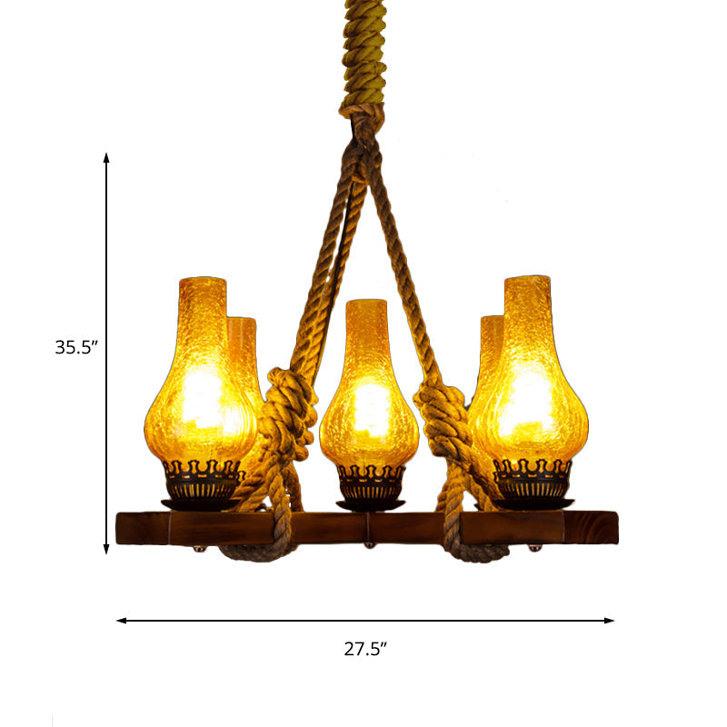 Country Stylish 5-Light Pendant Lamp with Yellow Cracked Glass Teardrop Shades and Rope Detailing