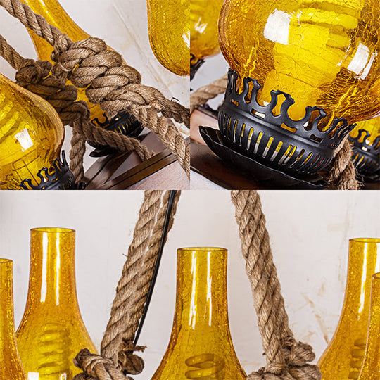 Country Stylish 5-Light Pendant Lamp with Yellow Cracked Glass Teardrop Shades and Rope Detailing