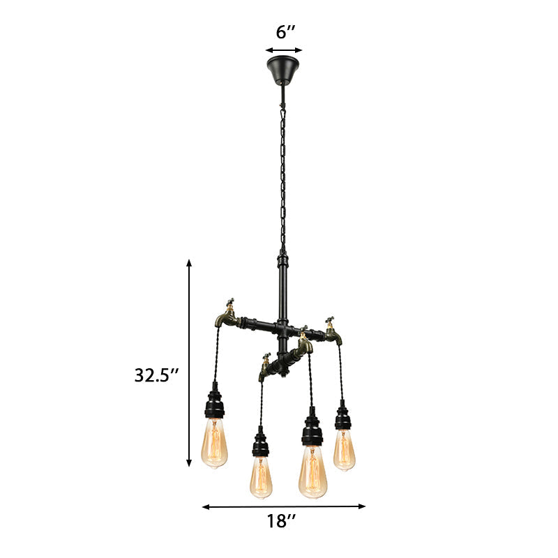 Farmhouse Metallic 4-Bulb Hanging Chandelier Lamp - Pipe Indoor Ceiling Light with Faucet in Black