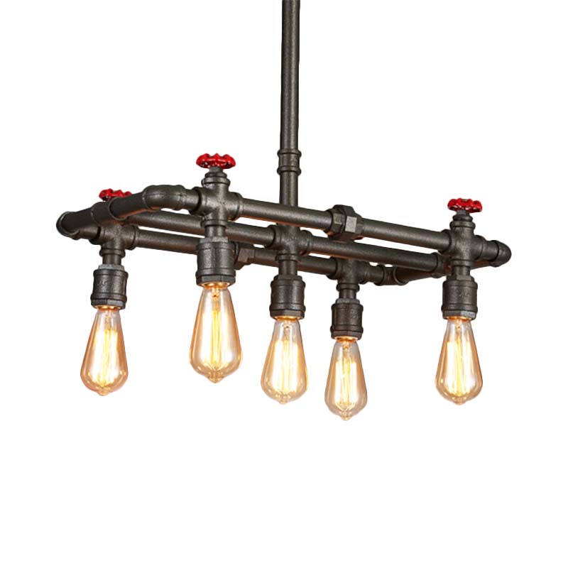 Black Finish Tubing Hanging Lamp: Antique Metal Dining Room Chandelier With Red Valve And 5-Bulb