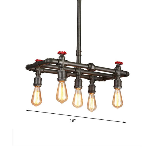 Black Finish Tubing Hanging Lamp: Antique Metal Dining Room Chandelier With Red Valve And 5-Bulb