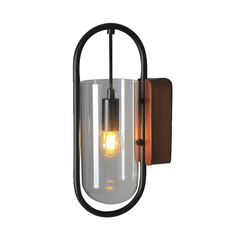 Industrial Black Cylinder Sconce Lighting - Clear/Amber Glass Wall Mount Fixture