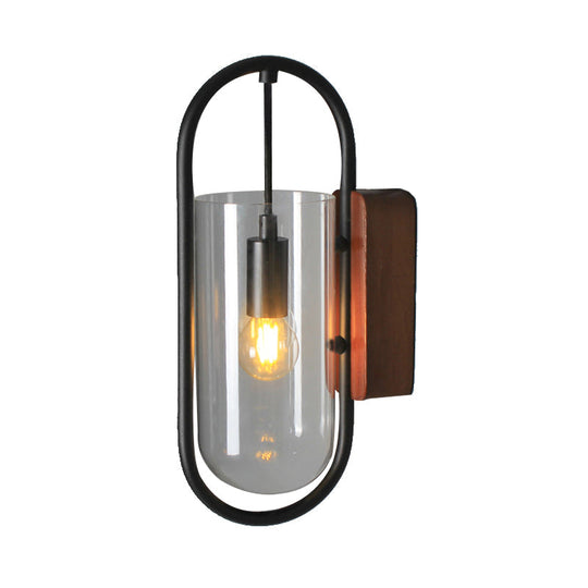 Industrial Black Cylinder Sconce Lighting - Clear/Amber Glass Wall Mount Fixture