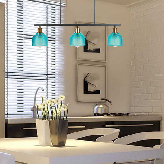 Industrial Black Pendant Lamp With Red/Yellow/Blue Glass Bowls 3-Light For Island Lighting