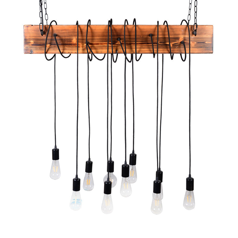 Rustic Metal Island Lighting With Wooden Beam - Multi Light Suspension Chandelier In Black/Antique