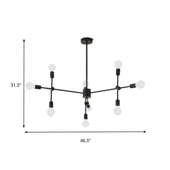 Industrial Metal Chandelier With Open Bulbs - 9/12 Lights In Black/Brass For Dining Room Pendant