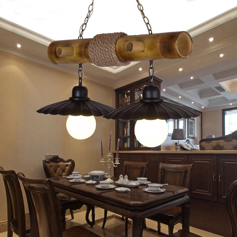 Scalloped Hanging Lamp: 2 Heads Countryside Black Rope And Bamboo Island Lighting For Dining Room