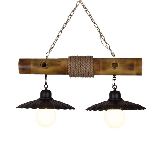 Scalloped Hanging Lamp: 2 Heads Countryside Black Rope And Bamboo Island Lighting For Dining Room