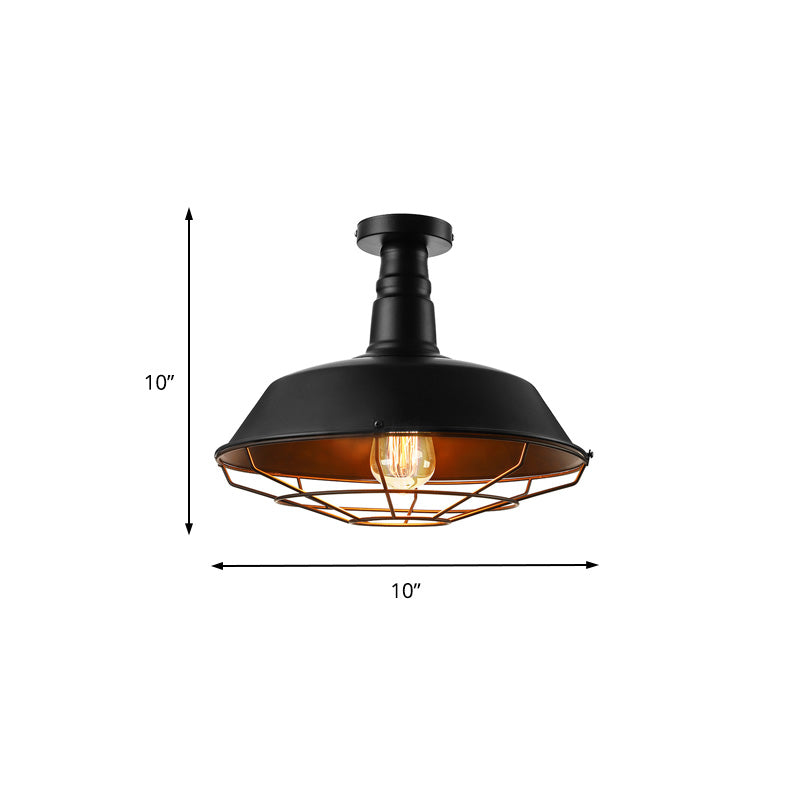 Black Vintage Metal Cage Ceiling Light, Semi Flush Mount, Indoor 1-Head Lighting with Barn Shade - 10"/14"/18" Width