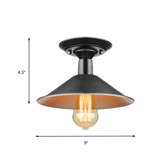 Metal Ceiling Light Fixture - Farmhouse Style - Black Conic Shade - Balcony Semi Flush Mount Lighting