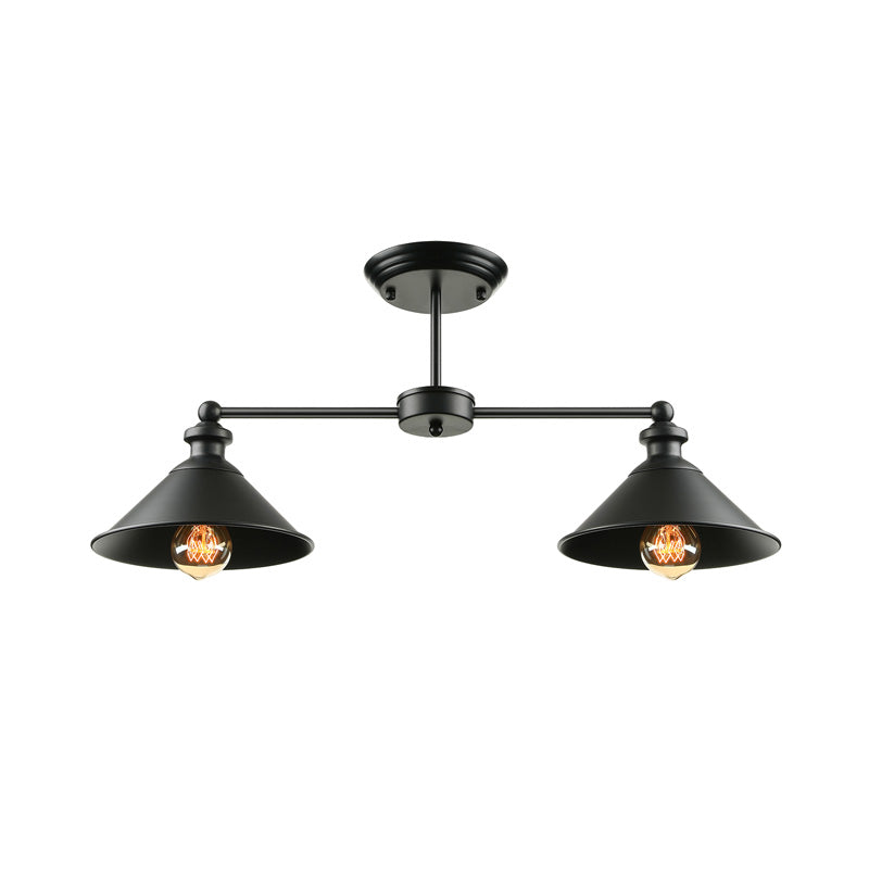 Industrial Double Conic Metallic Semi Flush Mount Ceiling Light with 2 Lights in Black for Dining Table