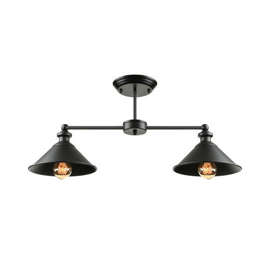 Industrial Double Conic Metallic Semi Flush Mount Ceiling Light with 2 Lights in Black for Dining Table