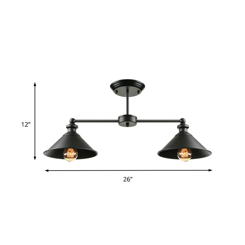 Industrial Double Conic Metallic Semi Flush Mount Ceiling Light with 2 Lights in Black for Dining Table