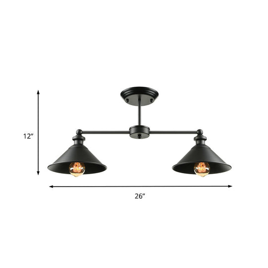 Industrial Double Conic Metallic Semi Flush Mount Ceiling Light with 2 Lights in Black for Dining Table