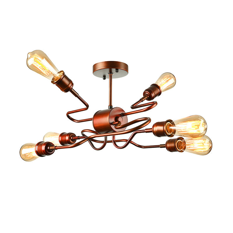 Farmhouse Style Twisted Arm Iron Ceiling Light with 6 Lights, Copper Finish - Semi Flush Mount for Living Room