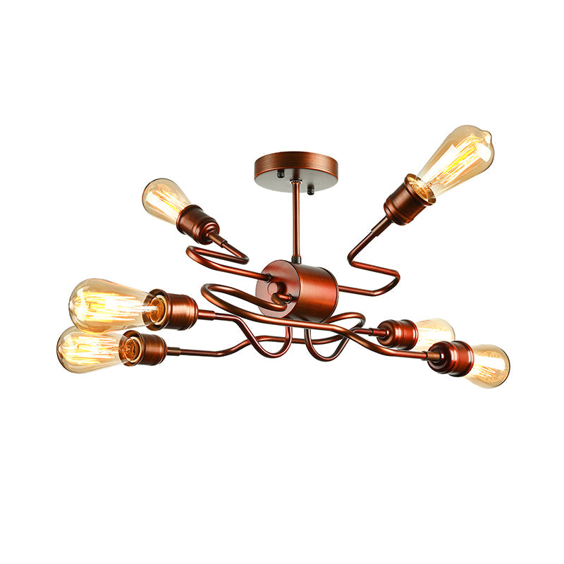 Farmhouse Style Twisted Arm Iron Ceiling Light with 6 Lights, Copper Finish - Semi Flush Mount for Living Room