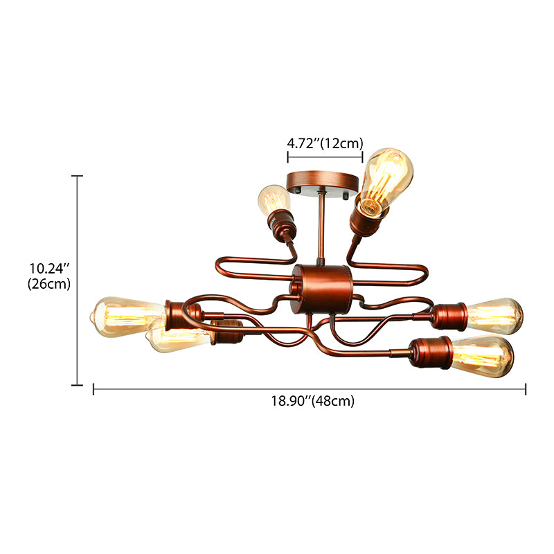 Farmhouse Style Twisted Arm Iron Ceiling Light with 6 Lights, Copper Finish - Semi Flush Mount for Living Room