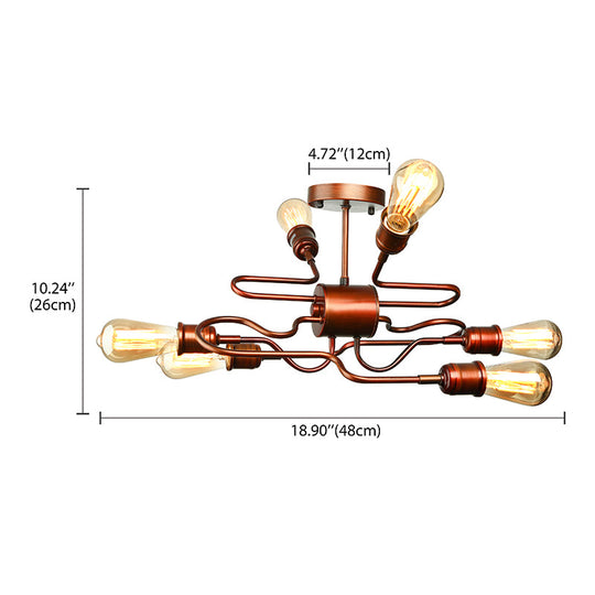 Farmhouse Style Twisted Arm Iron Ceiling Light with 6 Lights, Copper Finish - Semi Flush Mount for Living Room