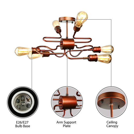 Farmhouse Style Twisted Arm Iron Ceiling Light with 6 Lights, Copper Finish - Semi Flush Mount for Living Room