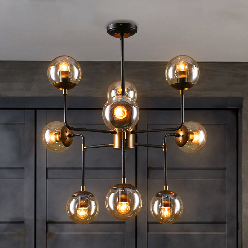 Modern Black Chrome Glass Globe Chandelier Pendant Light - Industrial Style, 8/9 Lights for Living Room