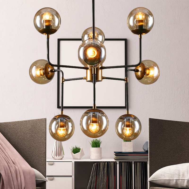 Modern Black Chrome Glass Globe Chandelier Pendant Light - Industrial Style, 8/9 Lights for Living Room