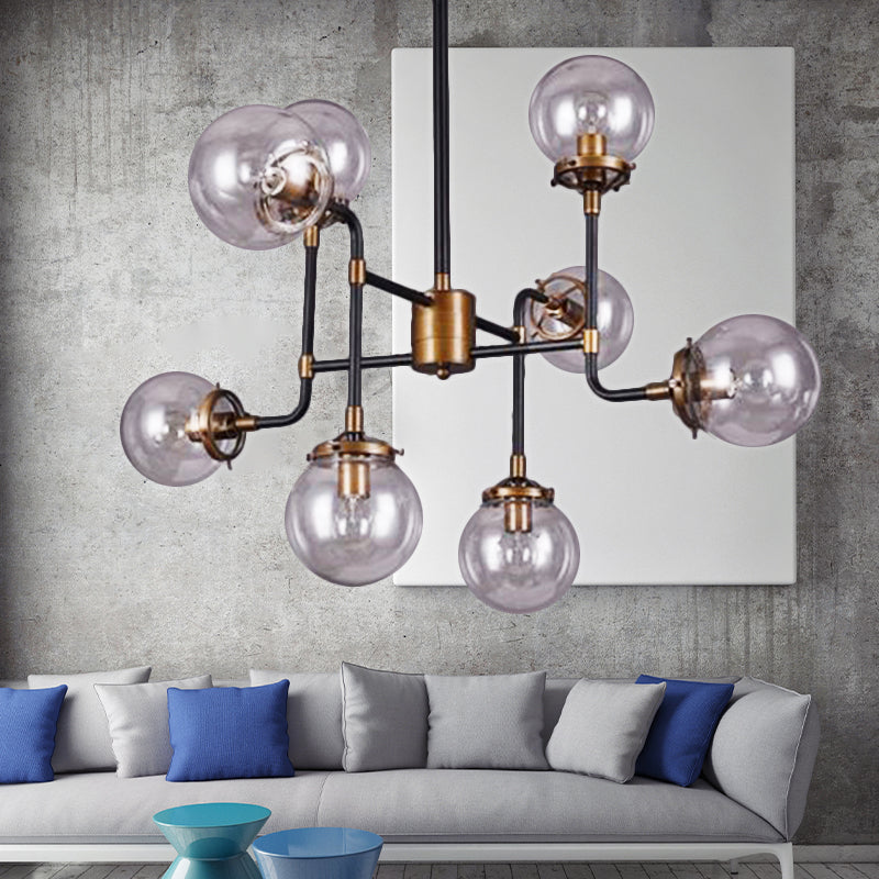 Modern Black Chrome Glass Globe Chandelier Pendant Light - Industrial Style, 8/9 Lights for Living Room