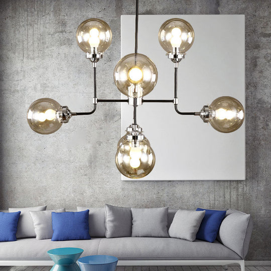 Modern Black Chrome Glass Globe Chandelier Pendant Light - Industrial Style, 8/9 Lights for Living Room