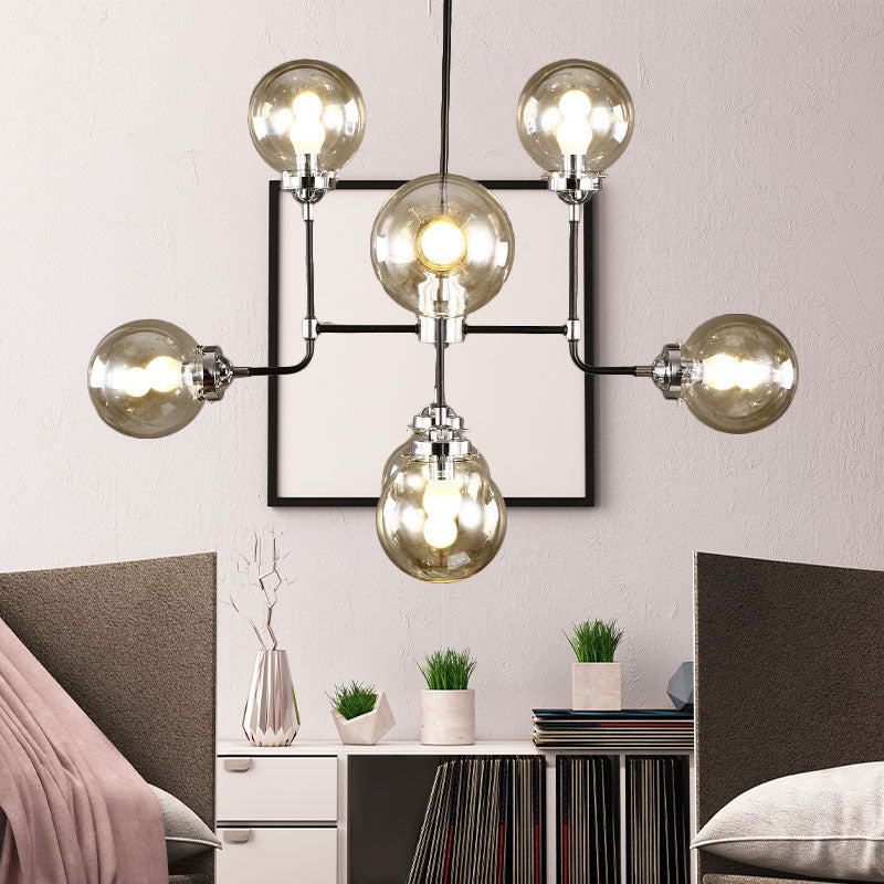 Modern Black Chrome Glass Globe Chandelier Pendant Light - Industrial Style, 8/9 Lights for Living Room