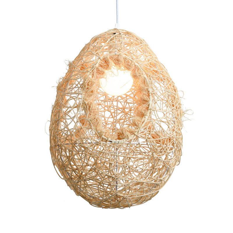 Rustic Rattan Egg Pendant Light For Restaurants - Single Bulb Hanging Lamp In Beige