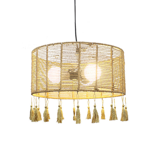 Modernist Style Rattan Pendant Lamp - 12/16 Wide Drum Shade Beige 1/3-Light Tassel Detail