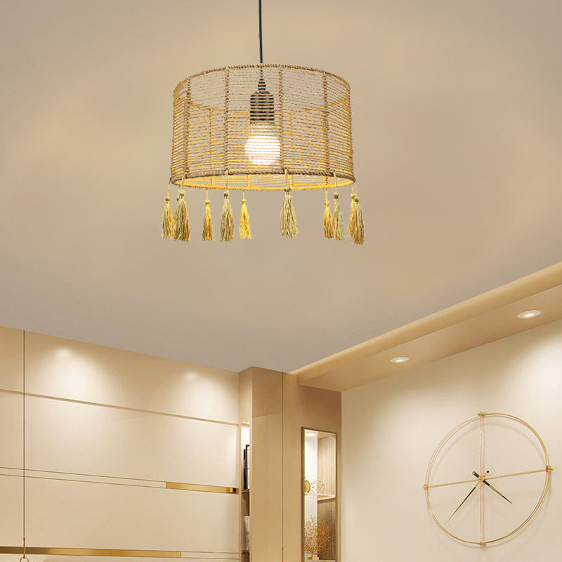 Modernist Style Rattan Pendant Lamp - 12/16 Wide Drum Shade Beige 1/3-Light Tassel Detail