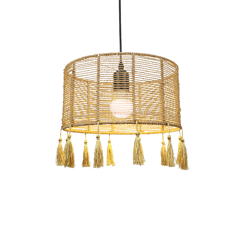 Modernist Style Rattan Pendant Lamp - 12/16 Wide Drum Shade Beige 1/3-Light Tassel Detail