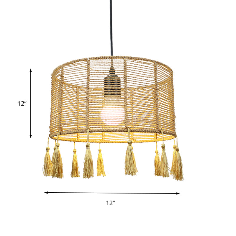 Modernist Style Rattan Pendant Lamp - 12/16 Wide Drum Shade Beige 1/3-Light Tassel Detail